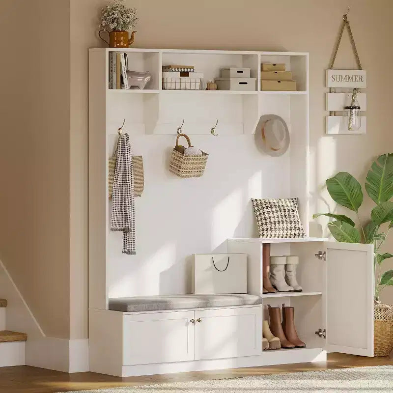 Meuble d'entrée 78,8 po avec rangement pour chaussures et porte-manteau, banc de style ferme, 4 compartiments à chaussures, 4 patères, 3 étagères supérieures ouvertes, meuble de rangement pour entrée