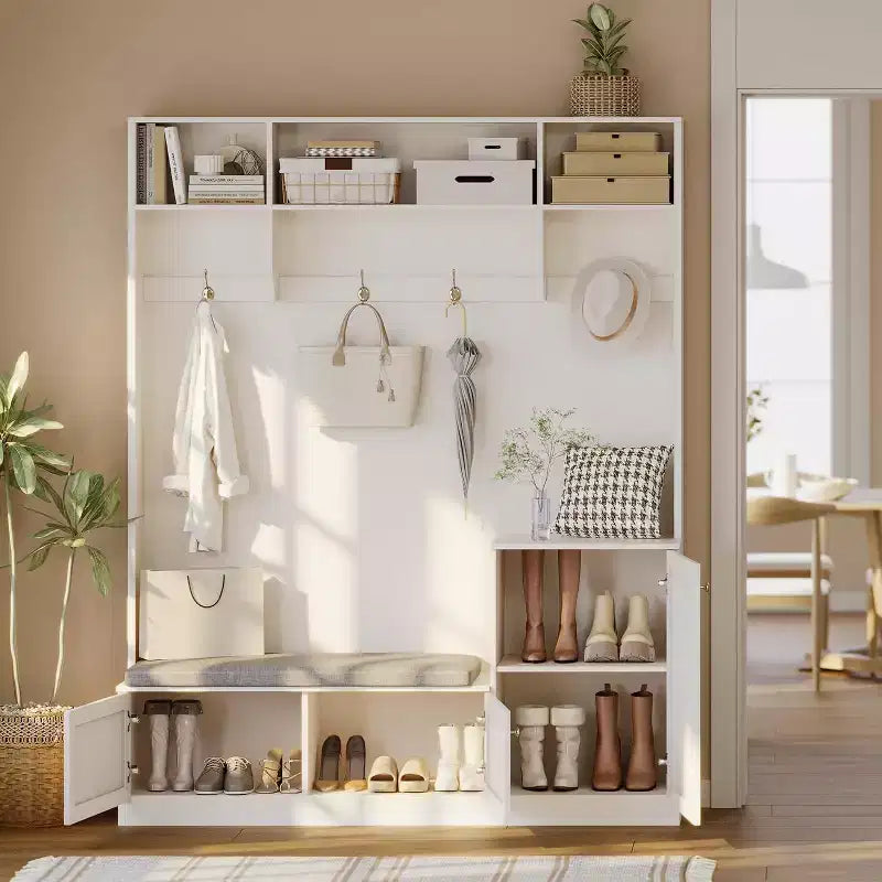 Meuble d'entrée 78,8 po avec rangement pour chaussures et porte-manteau, banc de style ferme, 4 compartiments à chaussures, 4 patères, 3 étagères supérieures ouvertes, meuble de rangement pour entrée