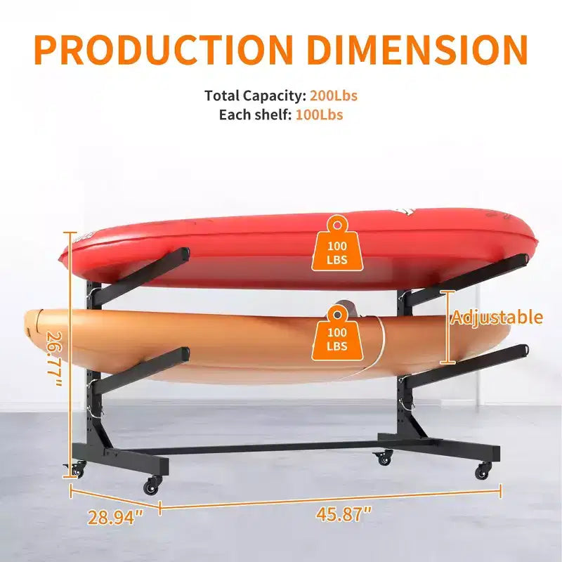 27H Freestanding Kayak Storage Rack, Heavy-Duty Adjustable Stand with Lockable Wheels, Holds 2 Kayaks/Canoe/SUP/Surfboard (Black)