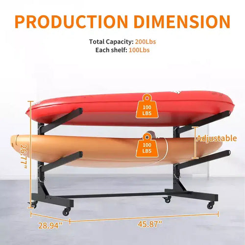 27H Freestanding Kayak Storage Rack, Heavy-Duty Adjustable Stand with Lockable Wheels, Holds 2 Kayaks/Canoe/SUP/Surfboard (Black)