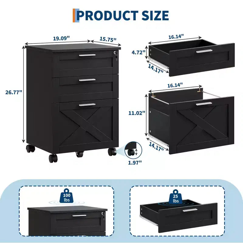 3-Drawer File Cabinet with Lock, Mobile Under Desk Filing Cabinet for Home Office, Wood Storage Organizer for Letter/a4/Legal Size Documents