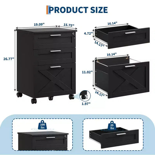 3-Drawer File Cabinet with Lock, Mobile Under Desk Filing Cabinet for Home Office, Wood Storage Organizer for Letter/a4/Legal Size Documents