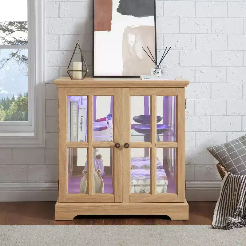 Display Cabinet with Glass Doors Lighted Accent Corner Curio Cabinet with Adjustable Shelves Glass Display Case with LED Light Strip