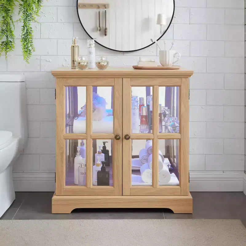 Display Cabinet with Glass Doors Lighted Accent Corner Curio Cabinet with Adjustable Shelves Glass Display Case with LED Light Strip