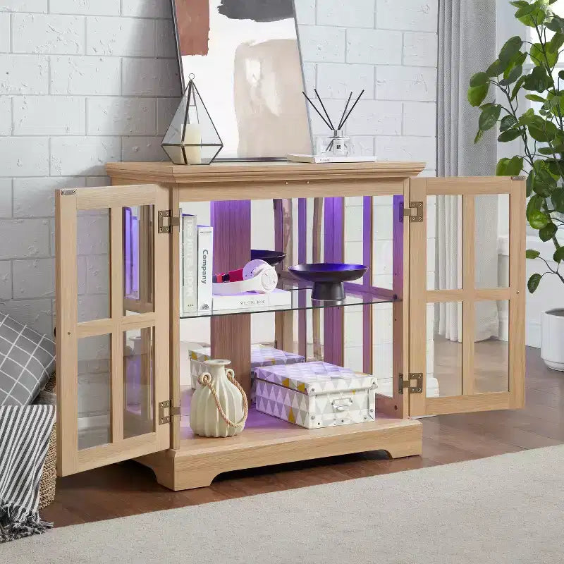 Display Cabinet with Glass Doors Lighted Accent Corner Curio Cabinet with Adjustable Shelves Glass Display Case with LED Light Strip