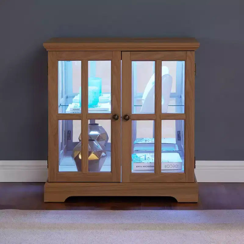 Display Cabinet with Glass Doors Lighted Accent Corner Curio Cabinet with Adjustable Shelves Glass Display Case with LED Light Strip