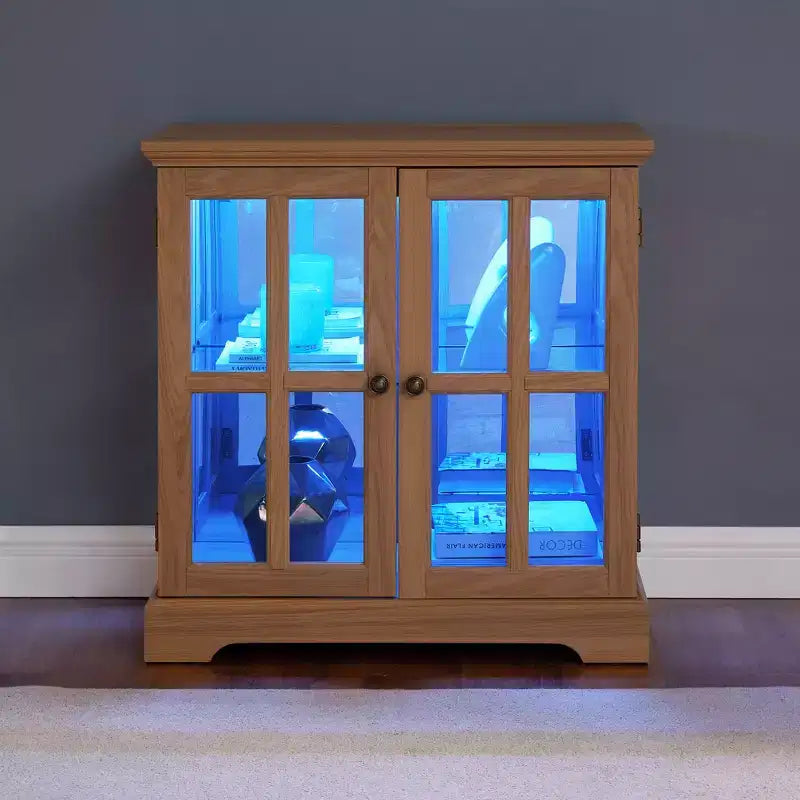 Display Cabinet with Glass Doors Lighted Accent Corner Curio Cabinet with Adjustable Shelves Glass Display Case with LED Light Strip