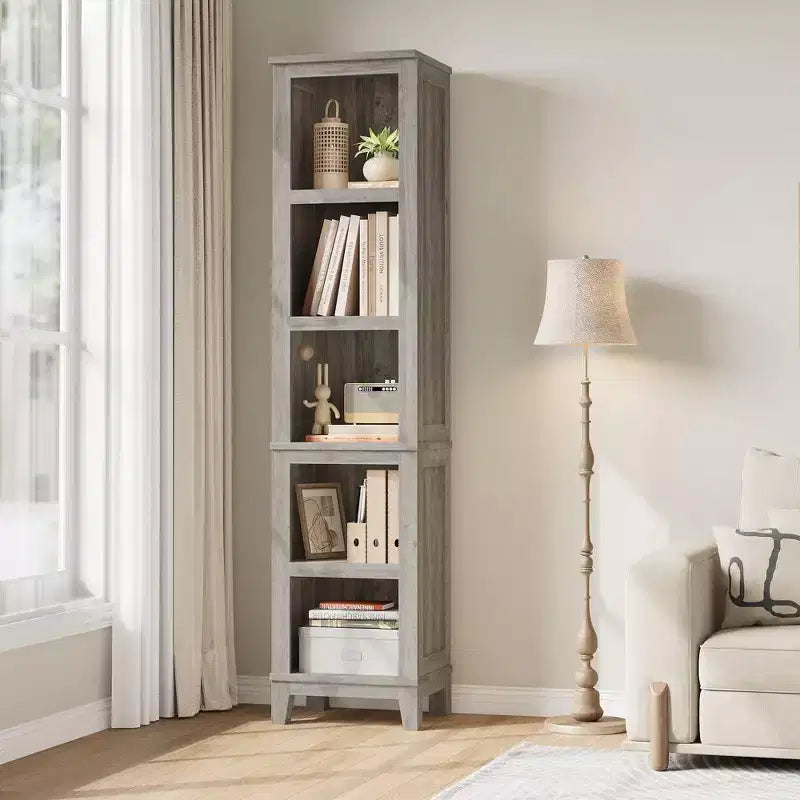 Bibliothèque étroite à 5 niveaux de 70 po, étagère haute et mince en bois avec étagères ouvertes pour salon et bureau