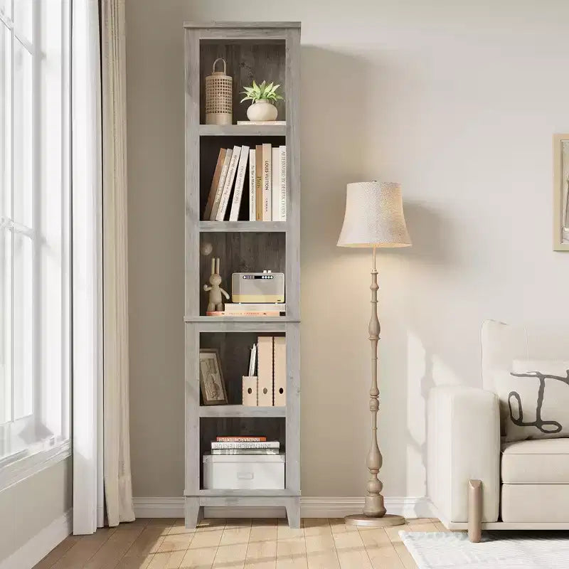 Bibliothèque étroite à 5 niveaux de 70 po, étagère haute et mince en bois avec étagères ouvertes pour salon et bureau