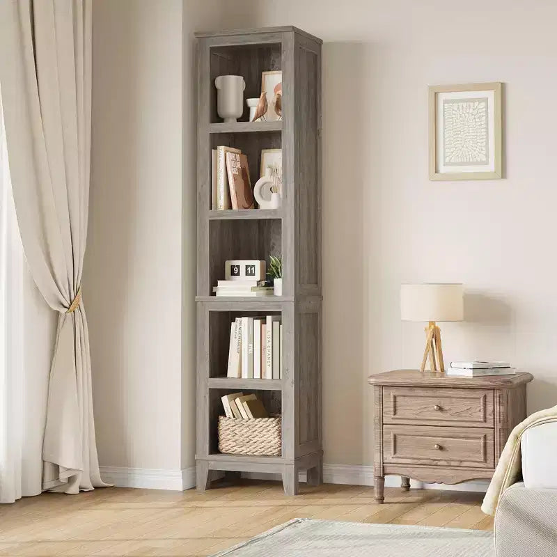 Bibliothèque étroite à 5 niveaux de 70 po, étagère haute et mince en bois avec étagères ouvertes pour salon et bureau
