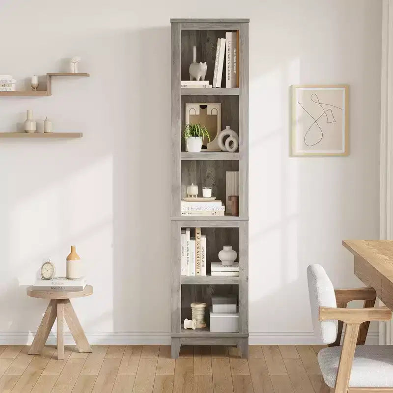 Bibliothèque étroite à 5 niveaux de 70 po, étagère haute et mince en bois avec étagères ouvertes pour salon et bureau