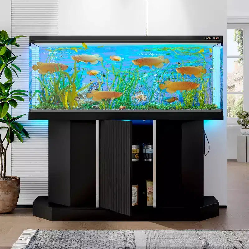 55-75 Gallon Fish Tank Stand, Heavy Duty 880LBS Capacity with 4 AC 2 USB Ports & Cabinet Storage, Black Aquarium Stand - ModernLuxe