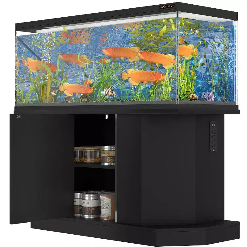 55-75 Gallon Fish Tank Stand, Heavy Duty 880LBS Capacity with 4 AC 2 USB Ports & Cabinet Storage, Black Aquarium Stand