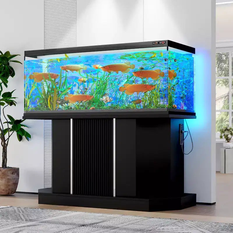 55-75 Gallon Fish Tank Stand, Heavy Duty 880LBS Capacity with 4 AC 2 USB Ports & Cabinet Storage, Black Aquarium Stand