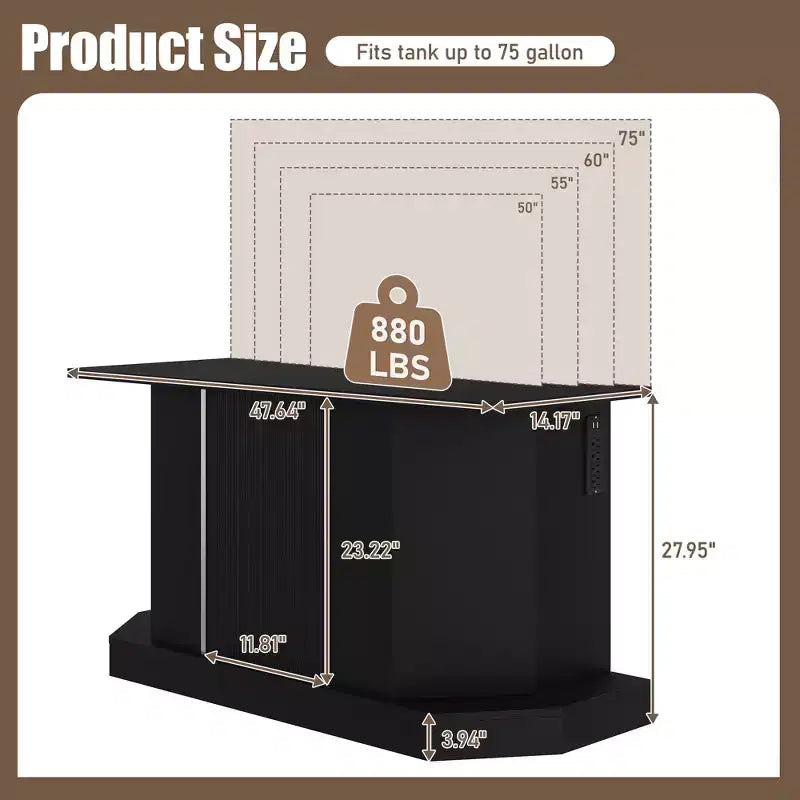 55-75 Gallon Fish Tank Stand, Heavy Duty 880LBS Capacity with 4 AC 2 USB Ports & Cabinet Storage, Black Aquarium Stand