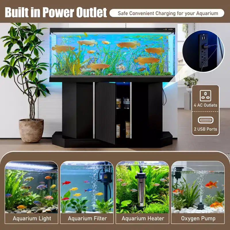 55-75 Gallon Fish Tank Stand, Heavy Duty 880LBS Capacity with 4 AC 2 USB Ports & Cabinet Storage, Black Aquarium Stand