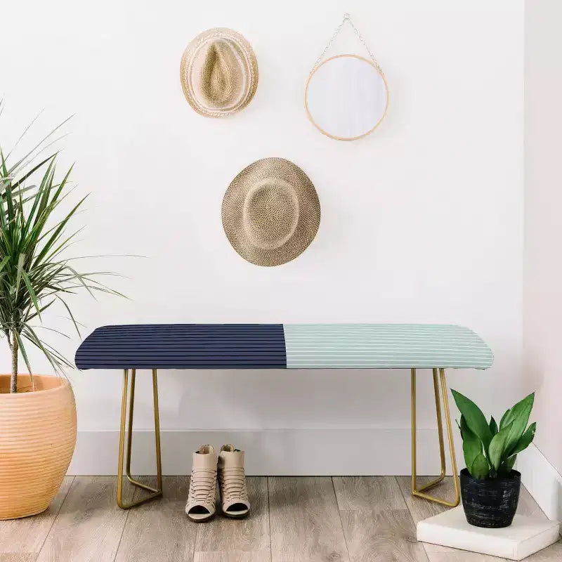 Colour Poems Color Block Lines Xi Bench Green/Gold - Deny Designs: Faux Leather, Steel Legs, Ottoman Style