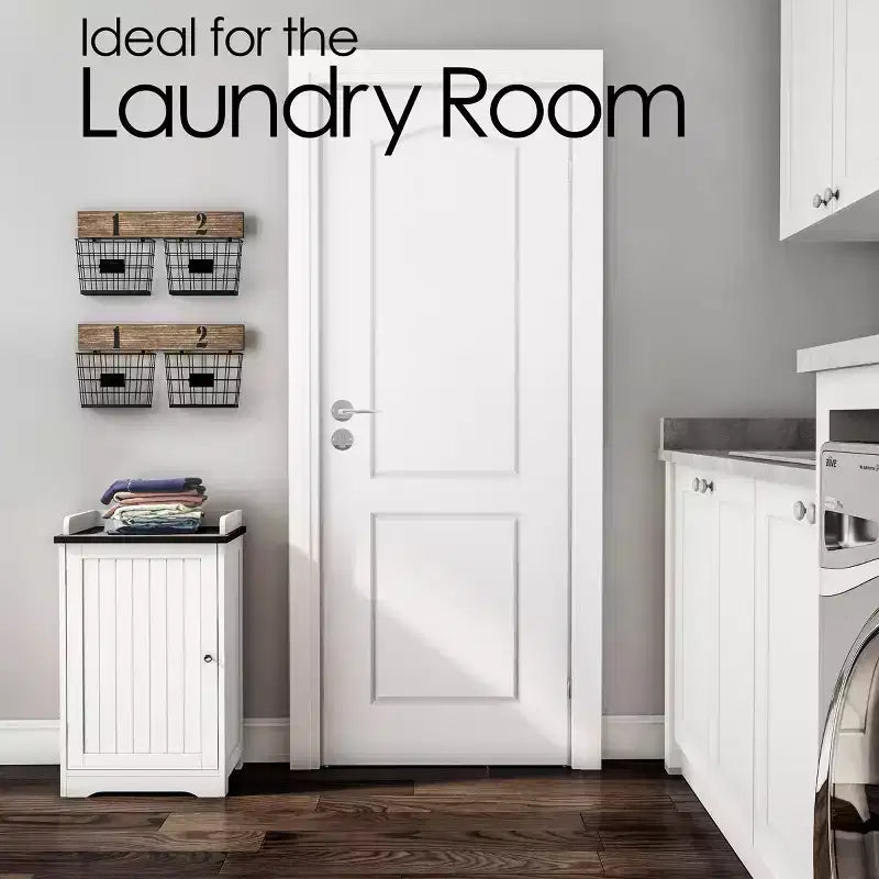 Freestanding Bathroom Storage Cabinet With Slat Door And Gallery Style Top - White/Black