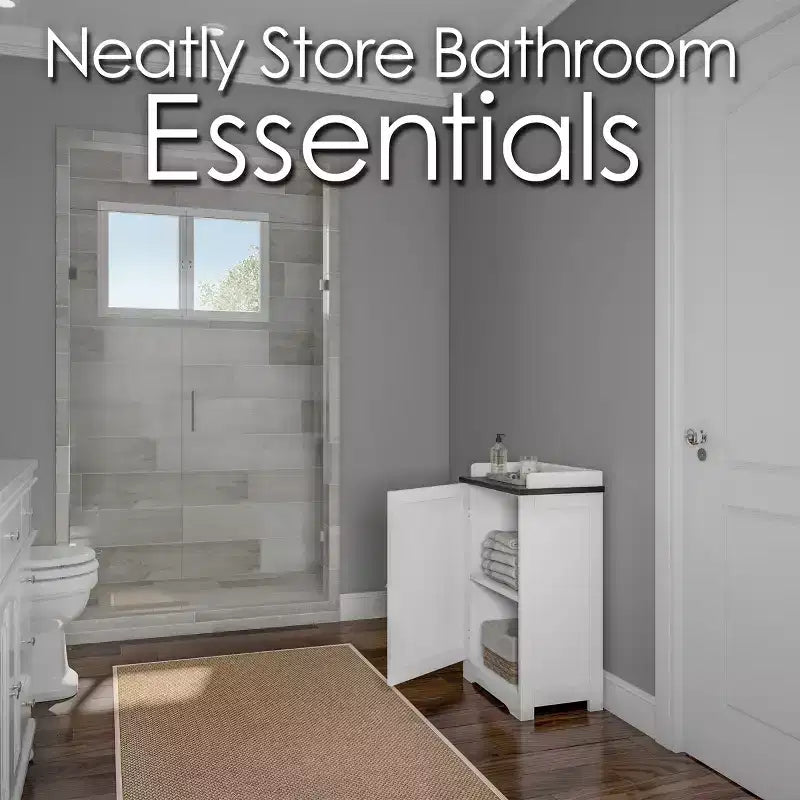 Freestanding Bathroom Storage Cabinet With Slat Door And Gallery Style Top - White/Black