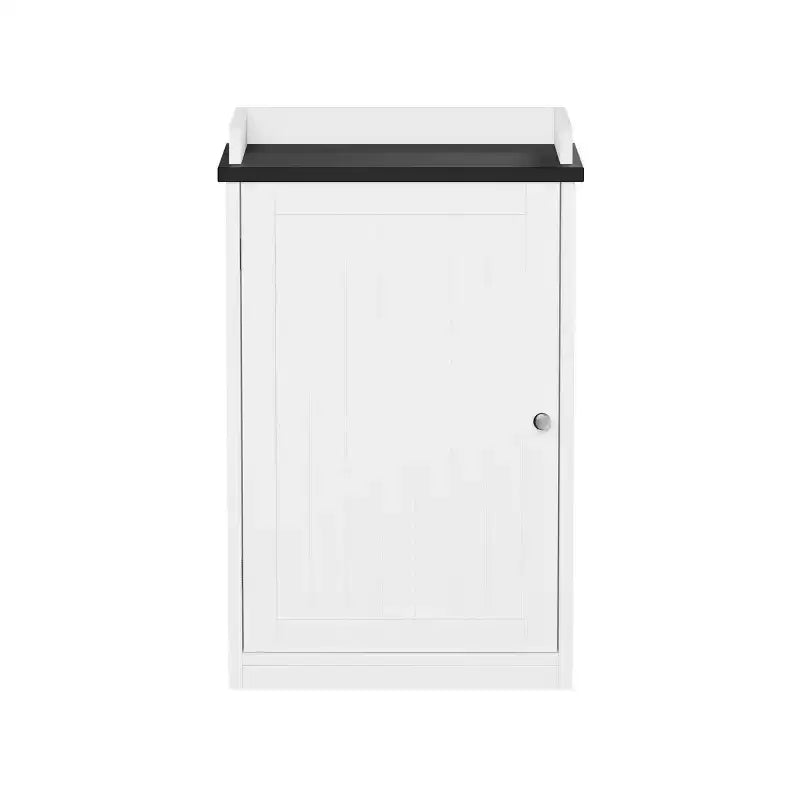 Freestanding Bathroom Storage Cabinet With Slat Door And Gallery Style Top - White/Black