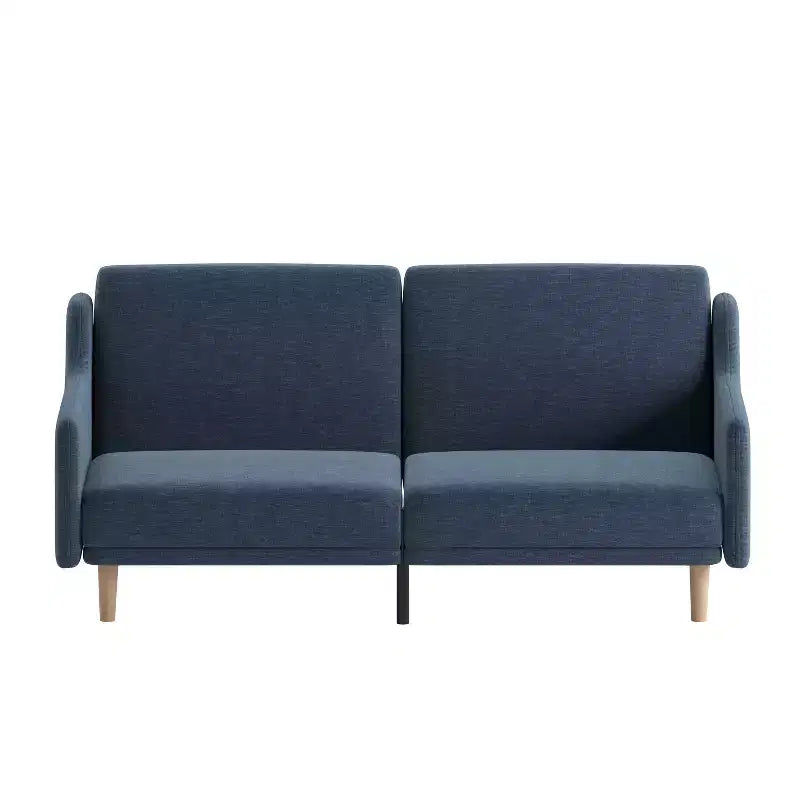 Plush Padded Upholstered Split Back Sofa Futon with Smooth Curved Removable Arms and Wooden Legs
