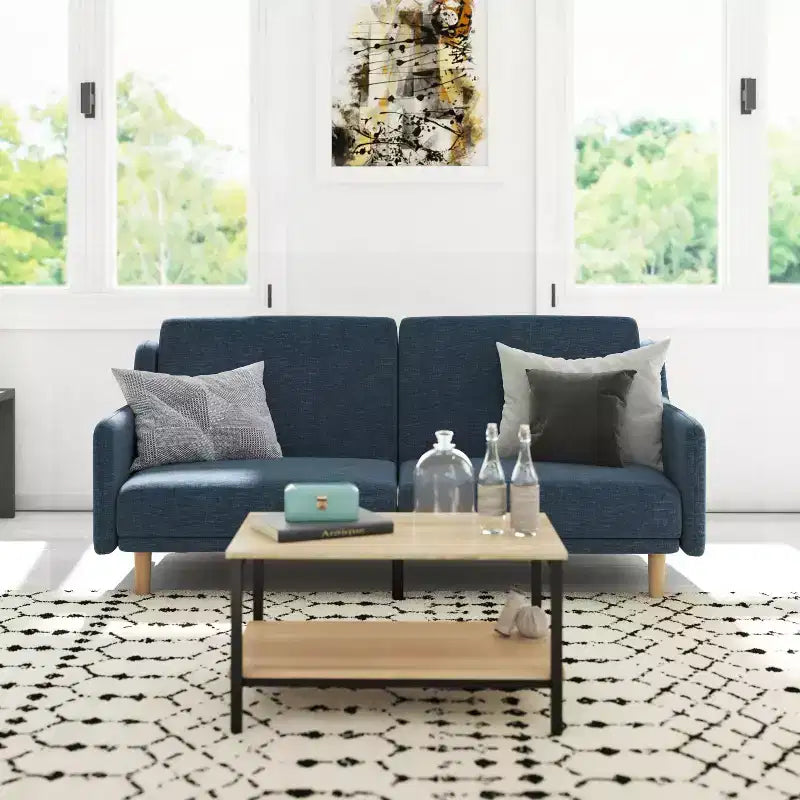 Plush Padded Upholstered Split Back Sofa Futon with Smooth Curved Removable Arms and Wooden Legs