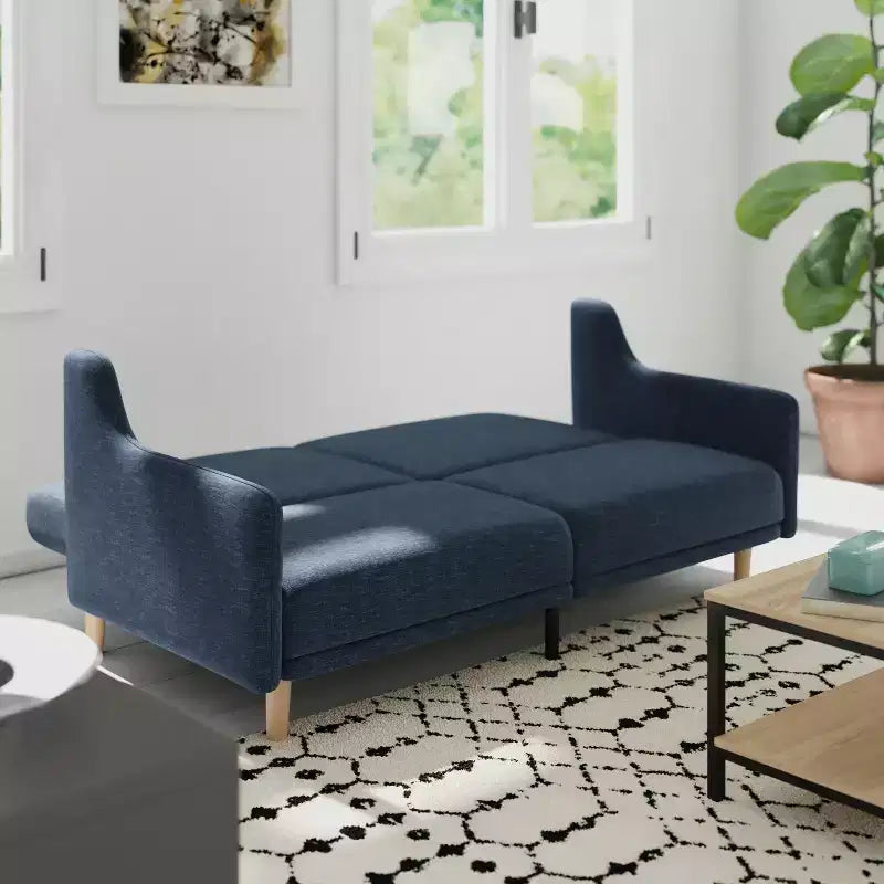 Plush Padded Upholstered Split Back Sofa Futon with Smooth Curved Removable Arms and Wooden Legs