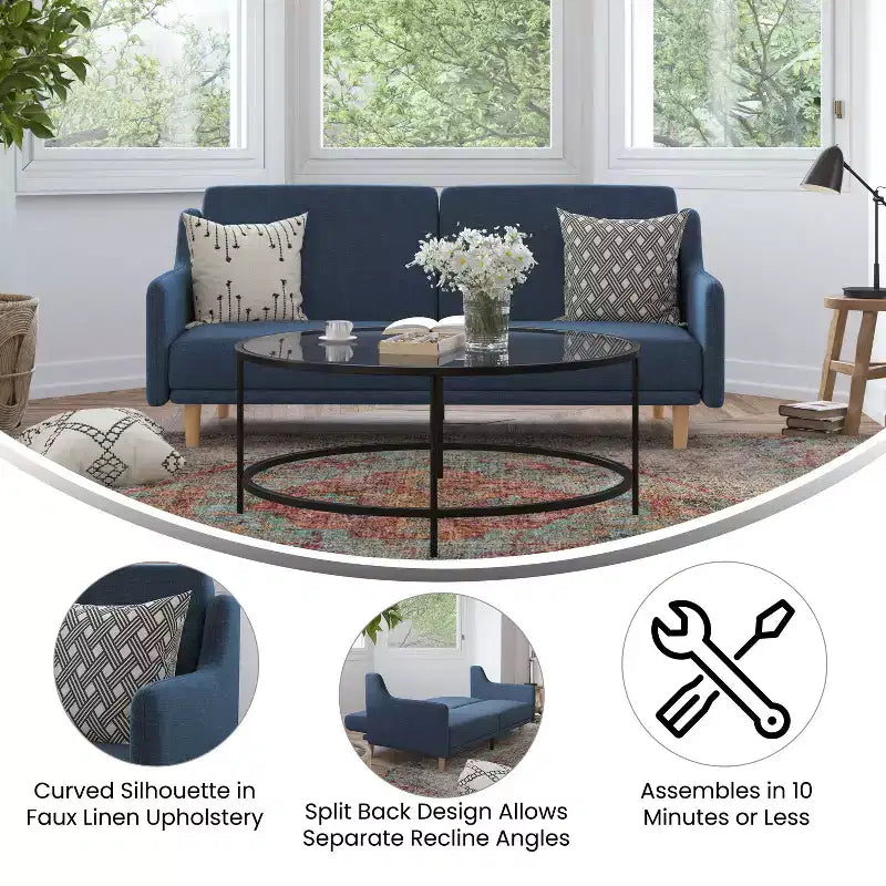 Plush Padded Upholstered Split Back Sofa Futon with Smooth Curved Removable Arms and Wooden Legs