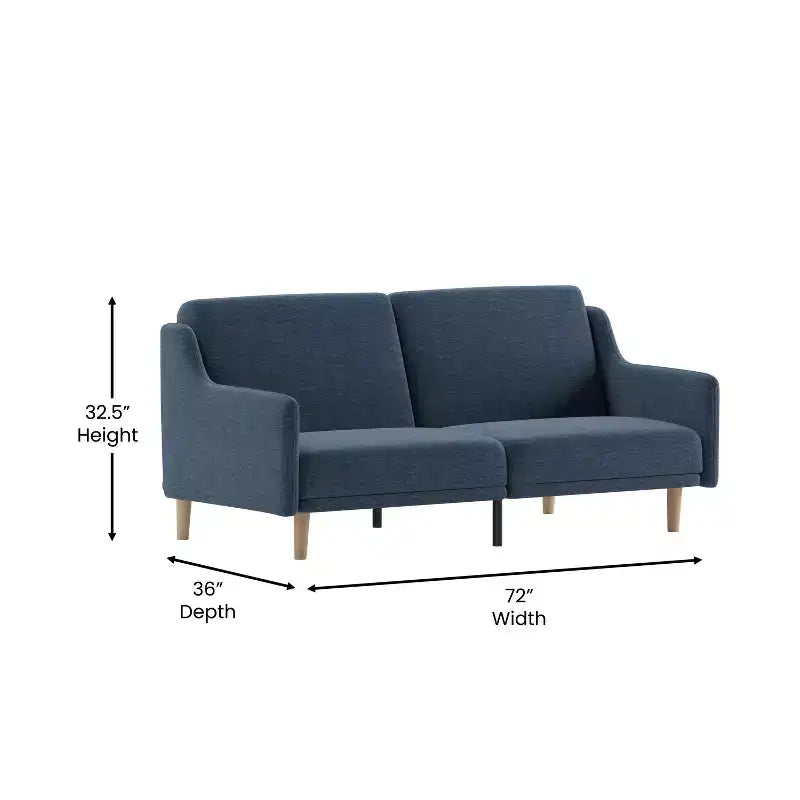 Plush Padded Upholstered Split Back Sofa Futon with Smooth Curved Removable Arms and Wooden Legs