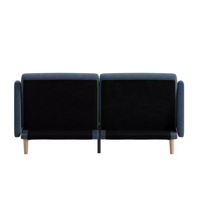 Plush Padded Upholstered Split Back Sofa Futon with Smooth Curved Removable Arms and Wooden Legs